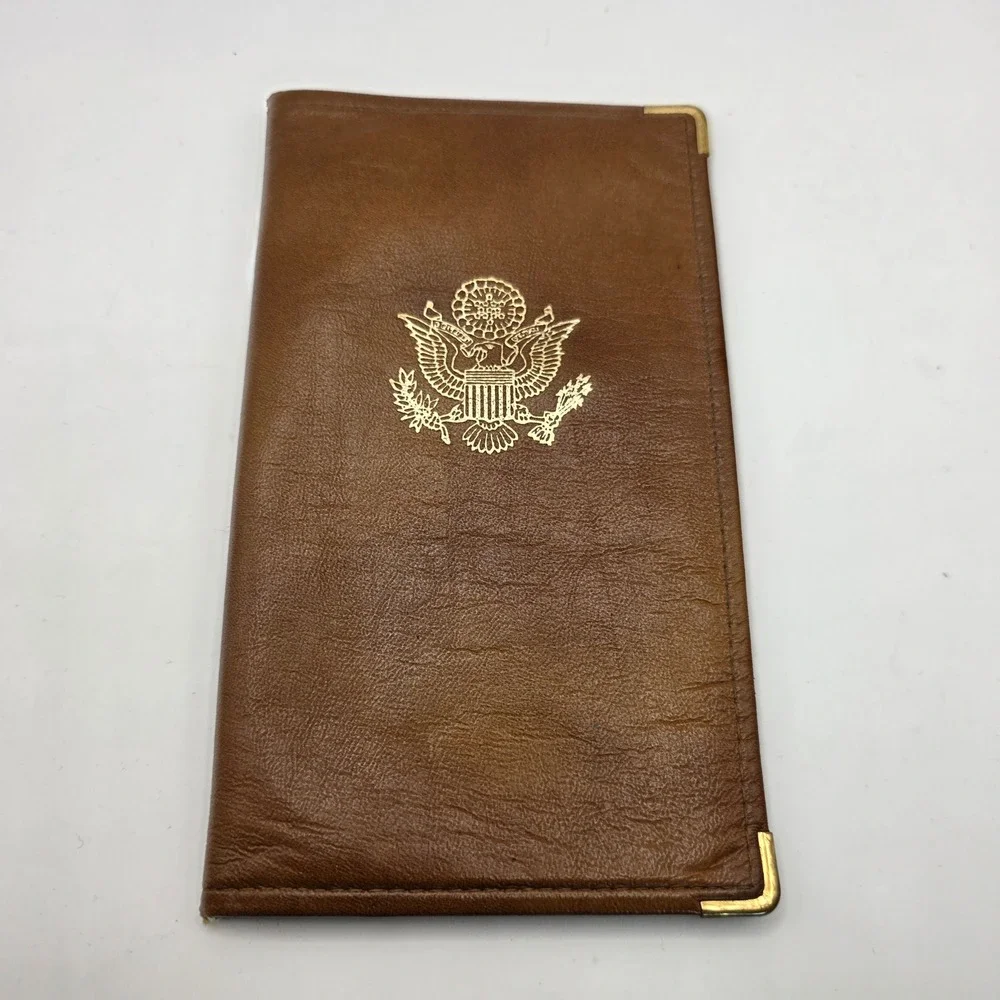 Vintage Brown Leather Great Seal of the United States Bifold Checkbook Wallet